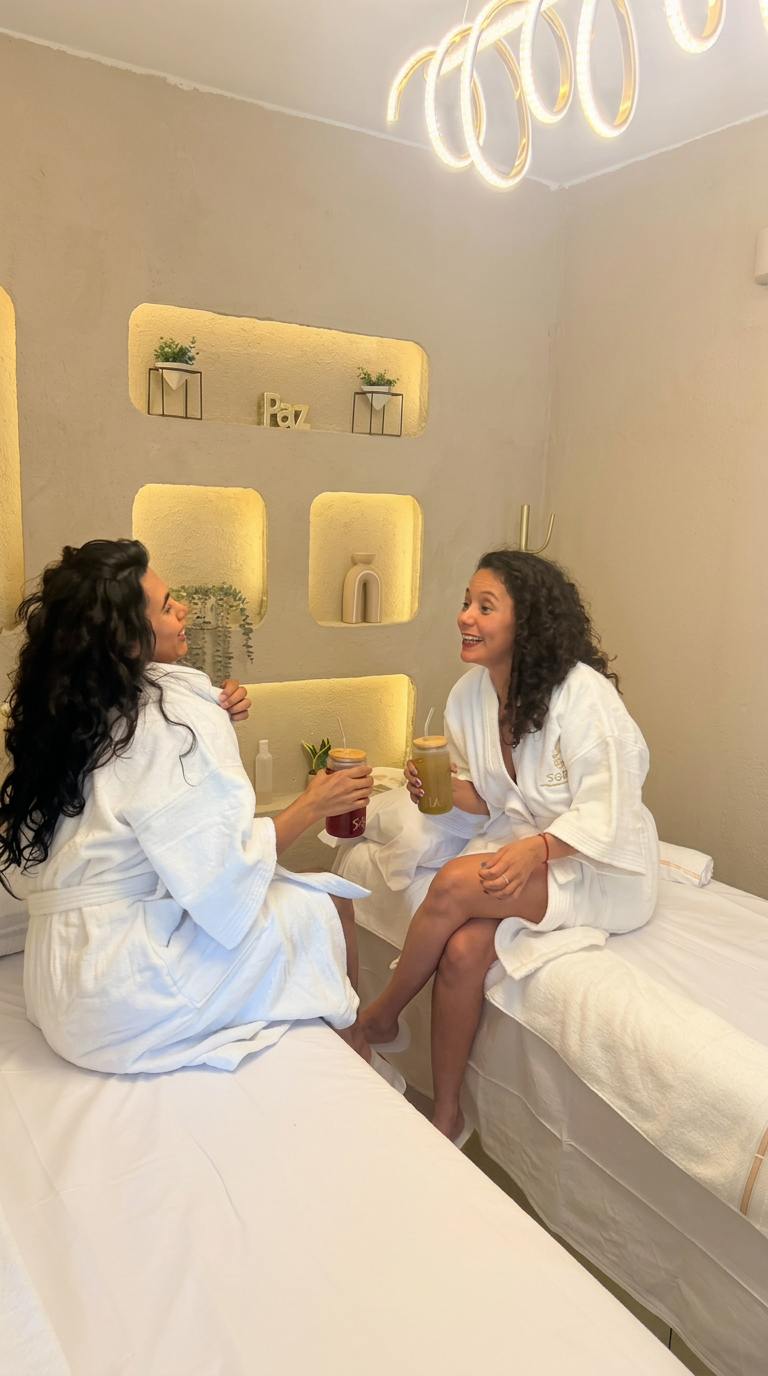 Dos clientas en bata brindando en la cabina para compartir de SOMA