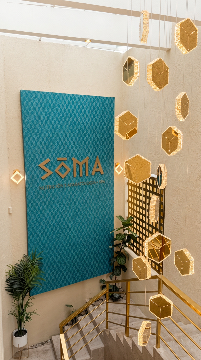 Interior de SOMA Cuernavaca: escalera con lámparas geométricas doradas y muro con logo SOMA