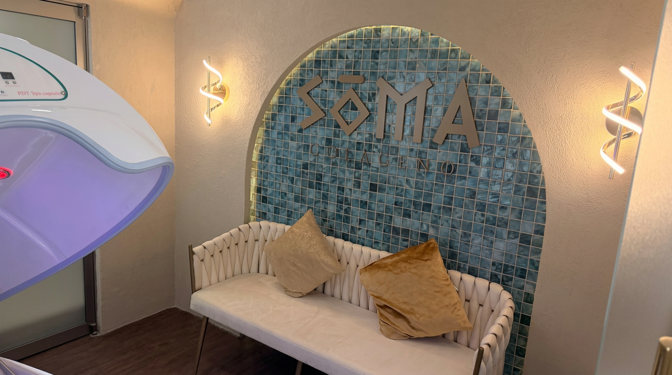 Sala SOMA Colágeno con cápsula de fotobiomodulación y arco de mosaico aguamarina