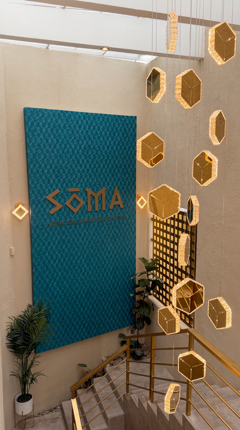 Escalera de acceso a SOMA con mural aguamarina y lámparas geométricas doradas