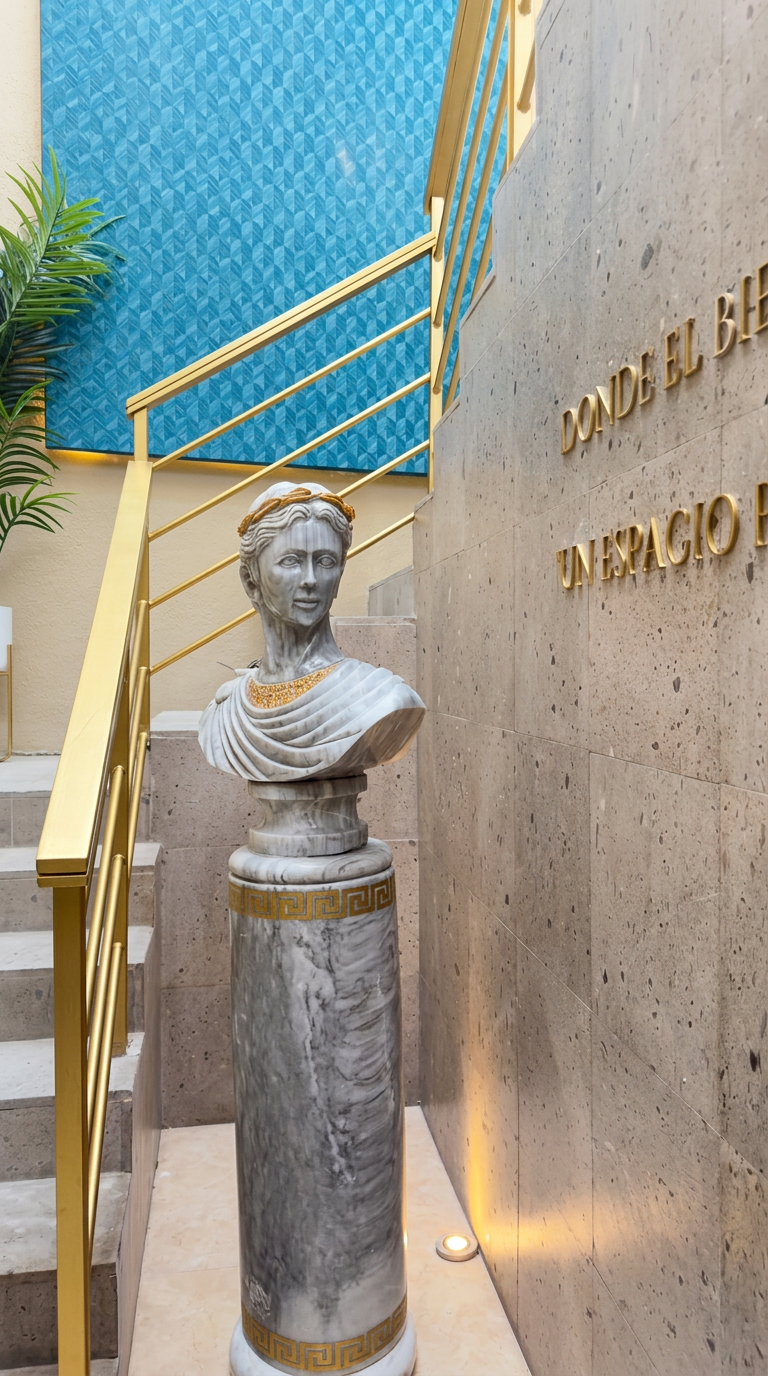 Busto griego de mármol con detalles dorados junto a la escalera de SOMA