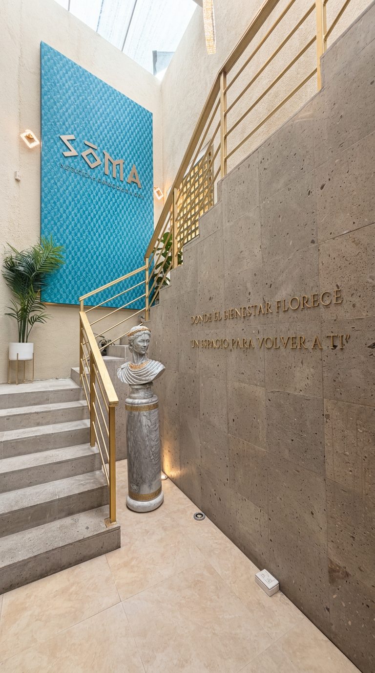Pasillo de SOMA con mural aguamarina, busto de mármol y muro de piedra grabado