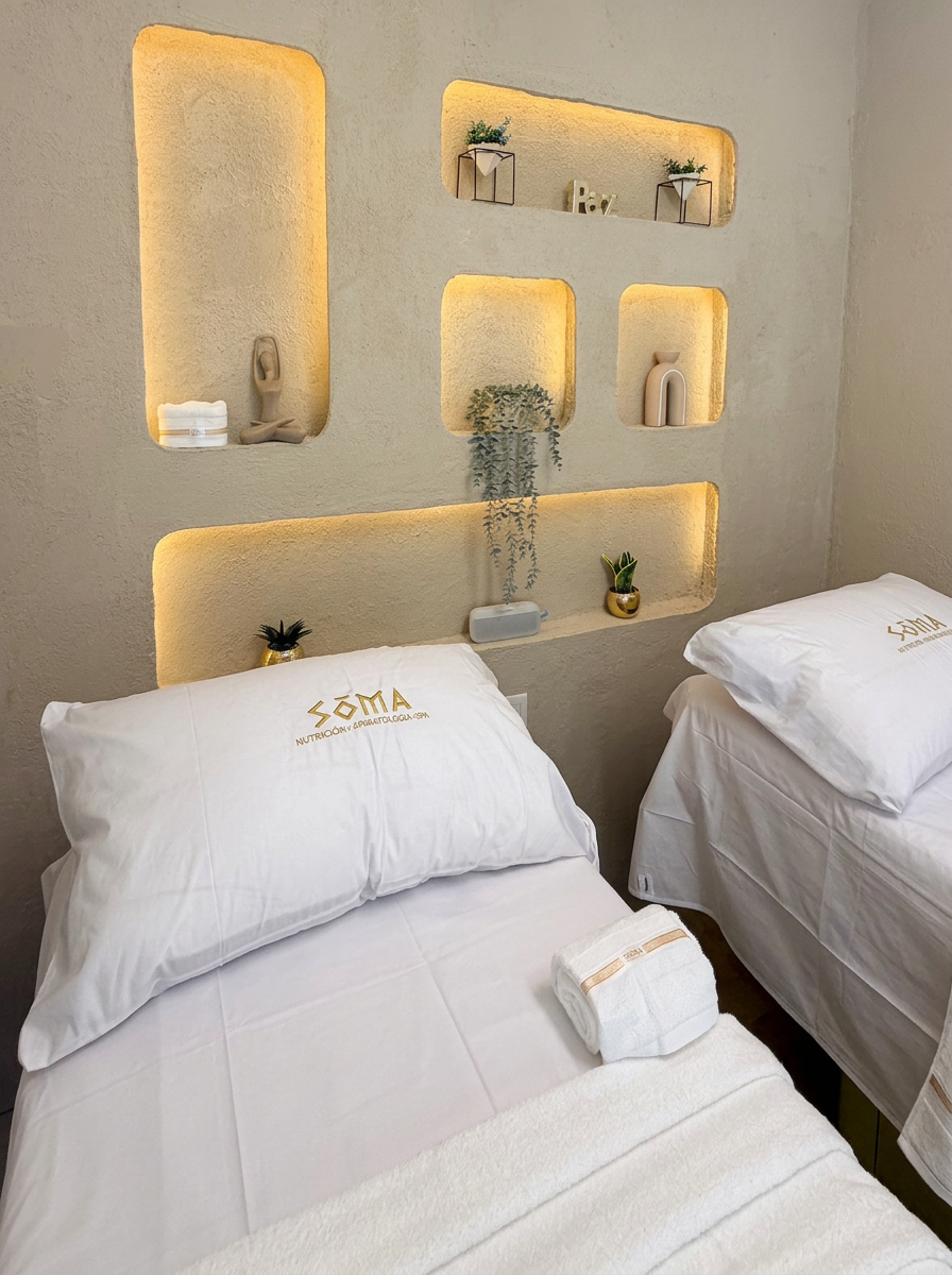 Cabina doble SOMA con almohadas bordadas en dorado y nichos iluminados