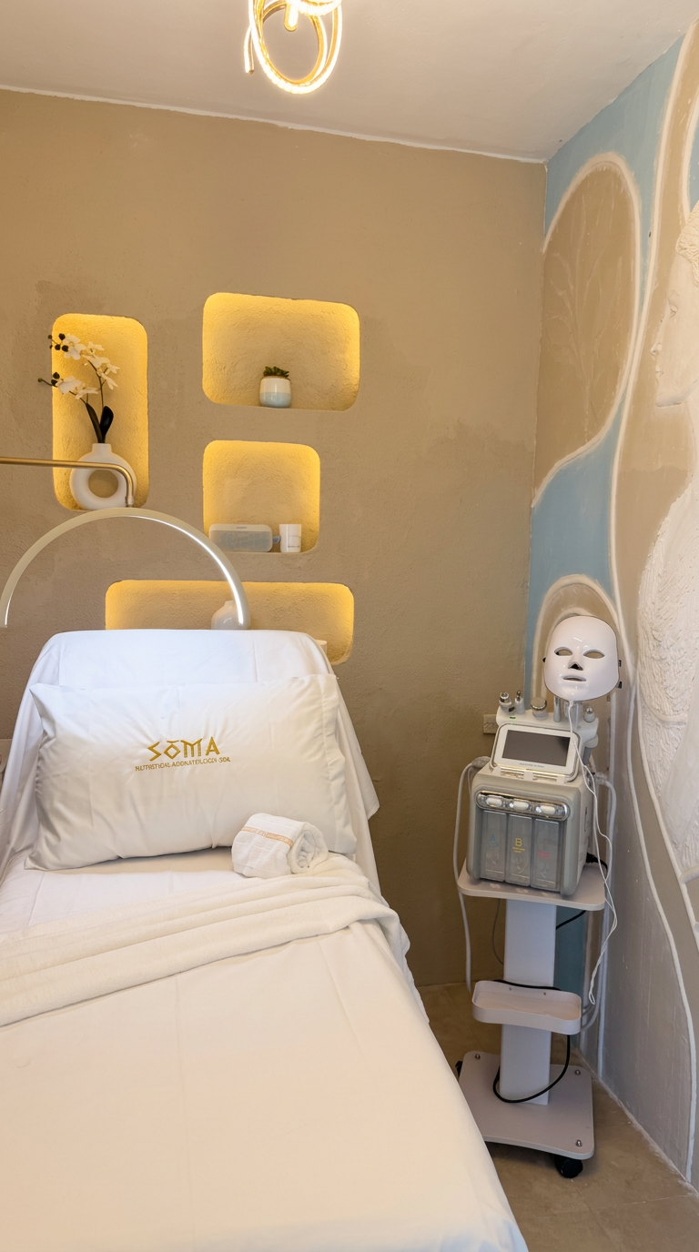 Cabina facial SOMA con equipo de hidrafacial y máscara LED