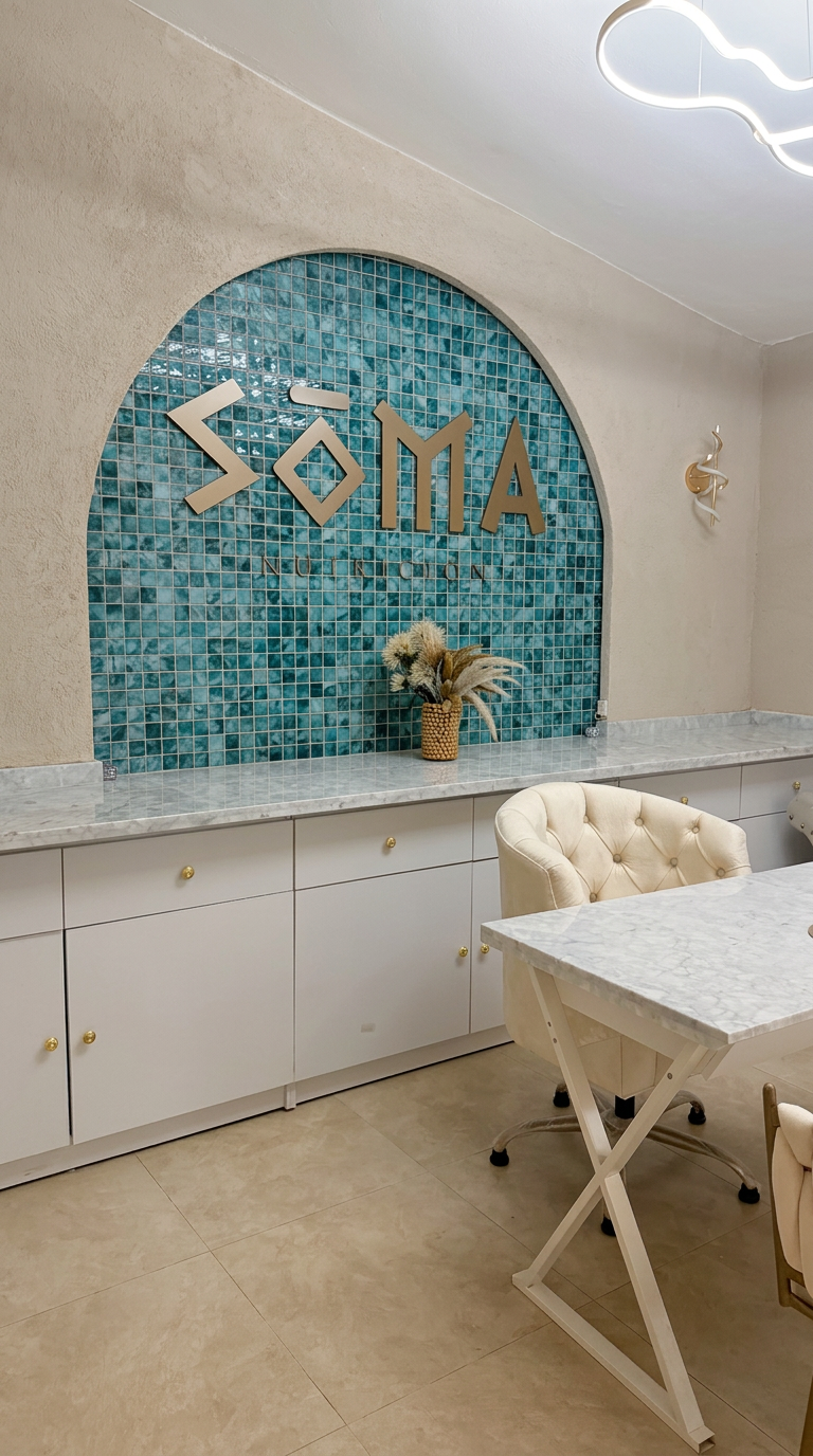 Consultorio de nutrición SOMA con arco de mosaico aguamarina y mármol