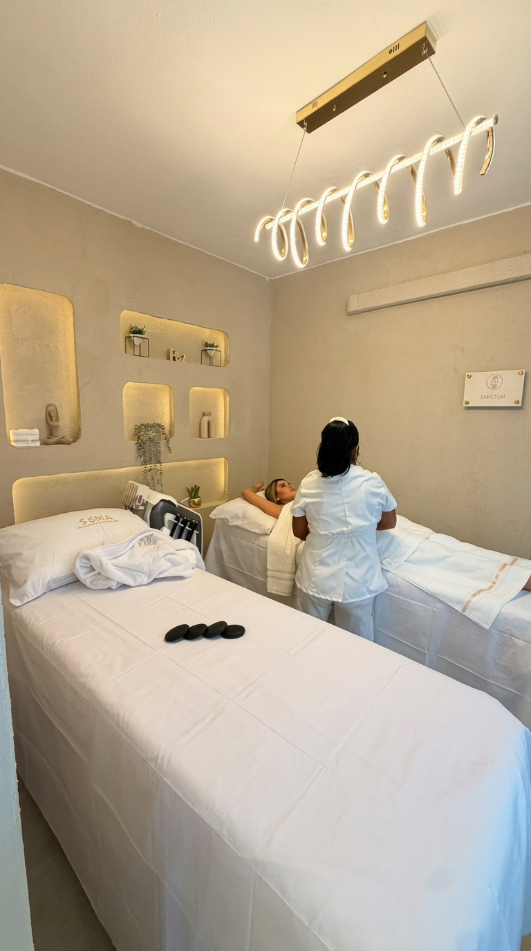Terapeuta SOMA preparando a una clienta en cabina doble de masaje