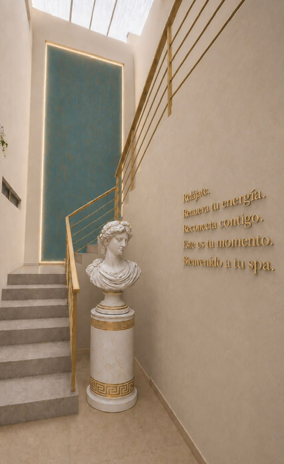 Escalera con busto griego y mensaje de bienvenida
