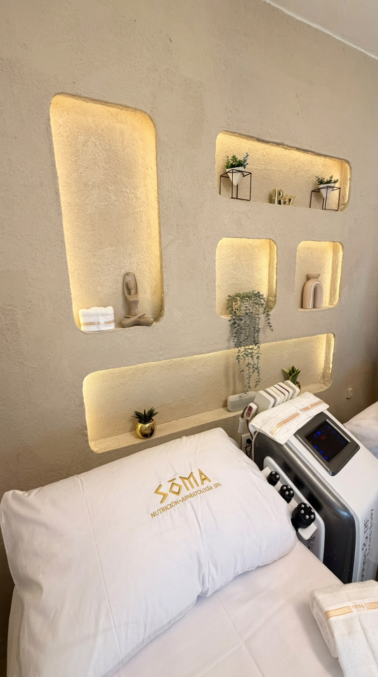 Cabina de aparatología SOMA con nichos de luz cálida y equipo corporal